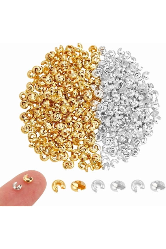 About 400Pcs 2 Colors Crimp Bead Knot Covers Half Round Open Crimp Beads Covers 3.2mm in Diameter Meatal Crimp Beads Necklace Beads