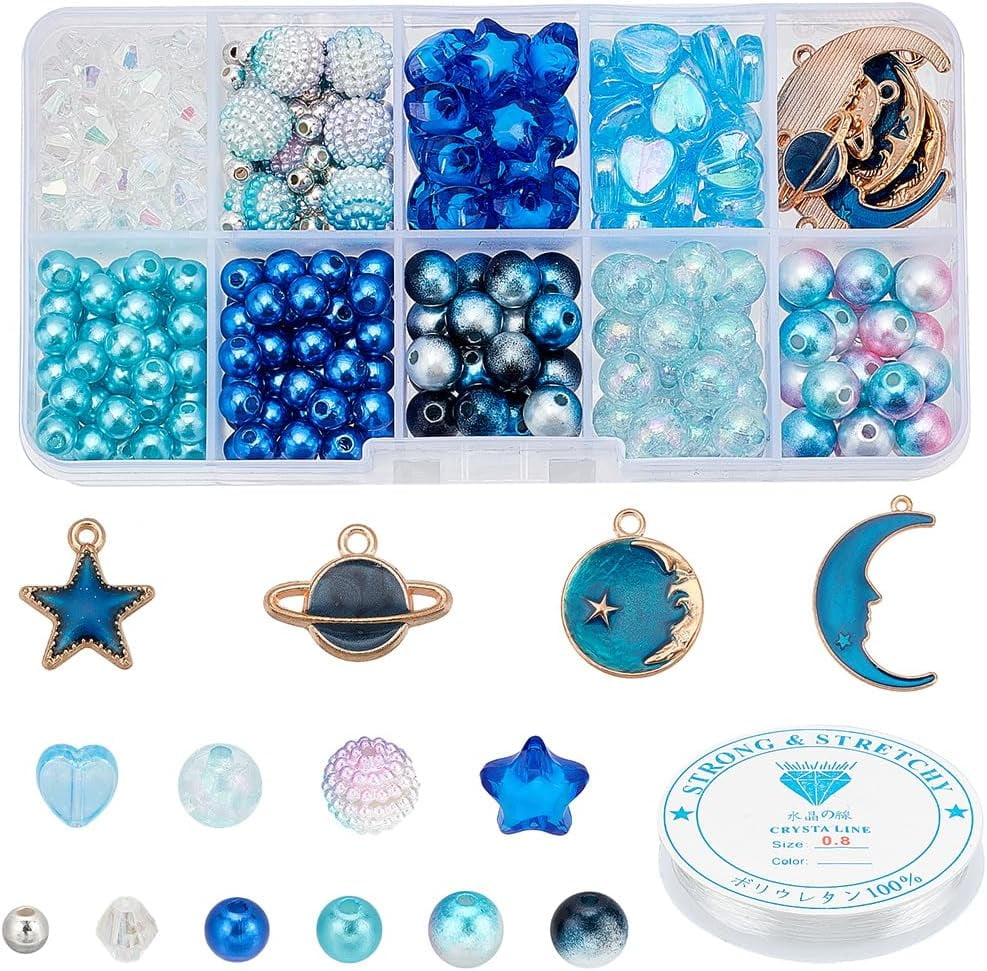 About 447 Pcs Planet Bracelet Making kit Including Moon Star Alloy Enamel Pendants Pearl Acrylic Blue Series Beads and 0.8mm Crystal Elastic Threads for Bracelet Craft Jewelry Making Set DIY