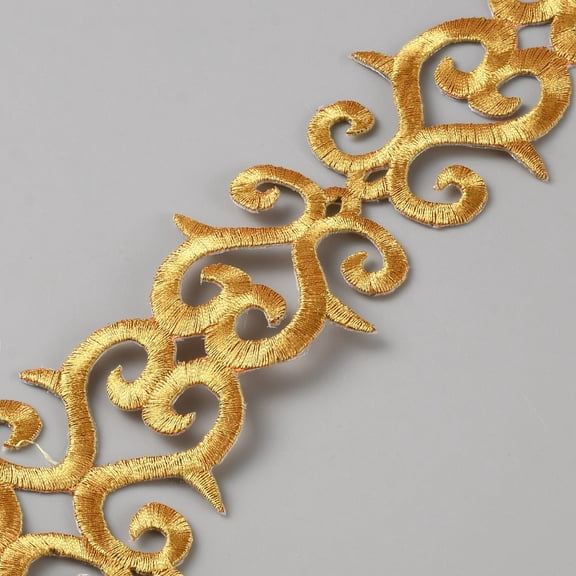 About 5.2 Yards Gold Embroidery Polyester Ribbons 3" Wide Adhesive Cloud Lace Trim Iron on Metallic Flower Lace