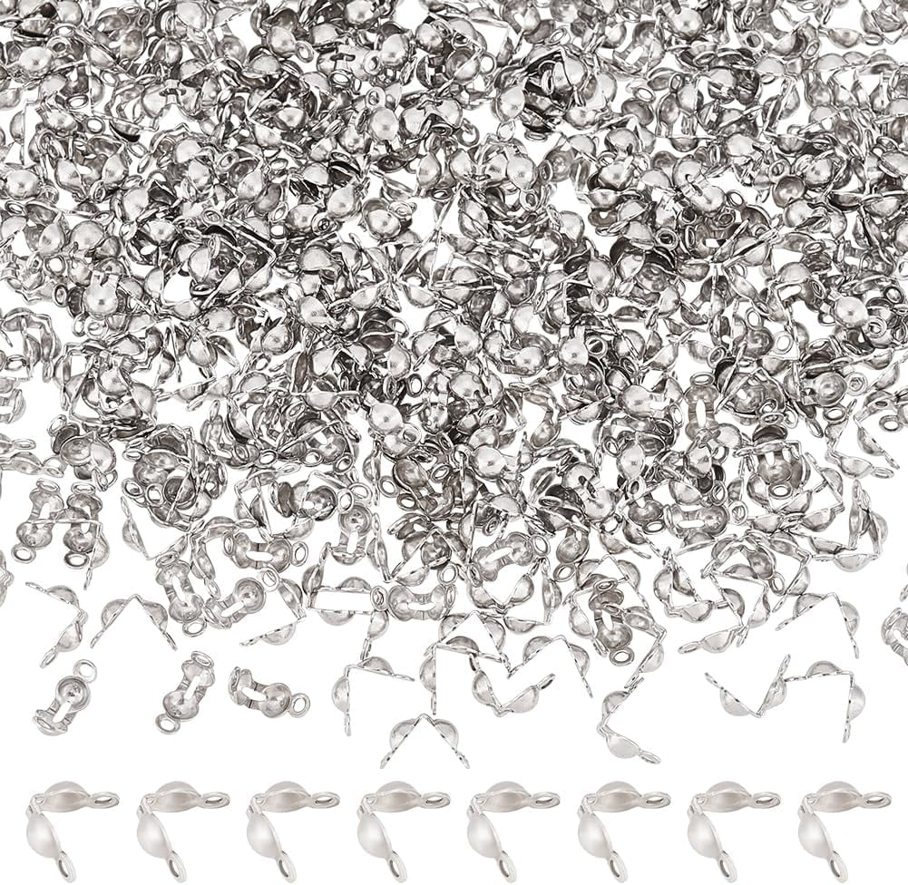 About 500pcs Stainless Steel Bead Tips Calotte Ends Clamshell Knot Cover Fold-Over Bead Tips Stainless Steel Color 5mm Long