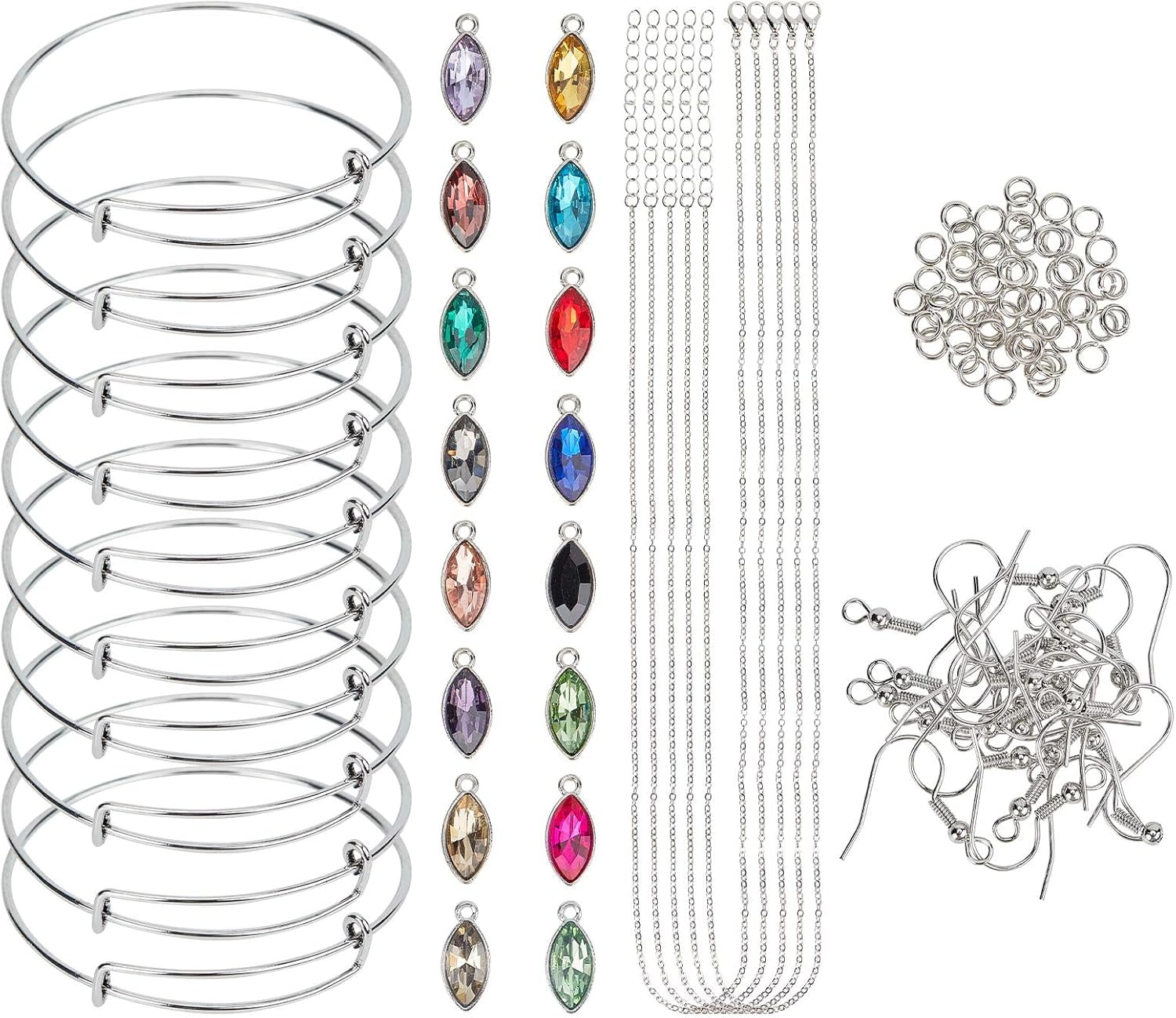 About 64pcs Alloy Glass Horse Eyes Charms with 10pcs Iron Expandable Bangles 5pcs Cable Chain Necklaces 70pcs Earring Hooks 70pcs Jump Rings for DIY Jewelry Making