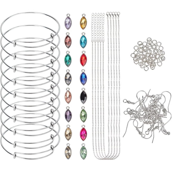 About 64pcs Alloy Glass Horse Eyes Charms with 10pcs Iron Expandable Bangles 5pcs Cable Chain Necklaces 70pcs Earring Hooks 70pcs Jump Rings for DIY Jewelry Making
