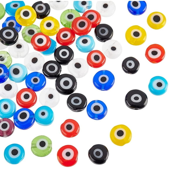 About 65 Pcs Mixed Color 6mm Flat Round Handmade Evil Eye Lampwork Beads Charms Spacer Beads fit Bracelets Necklace Jewelry Making