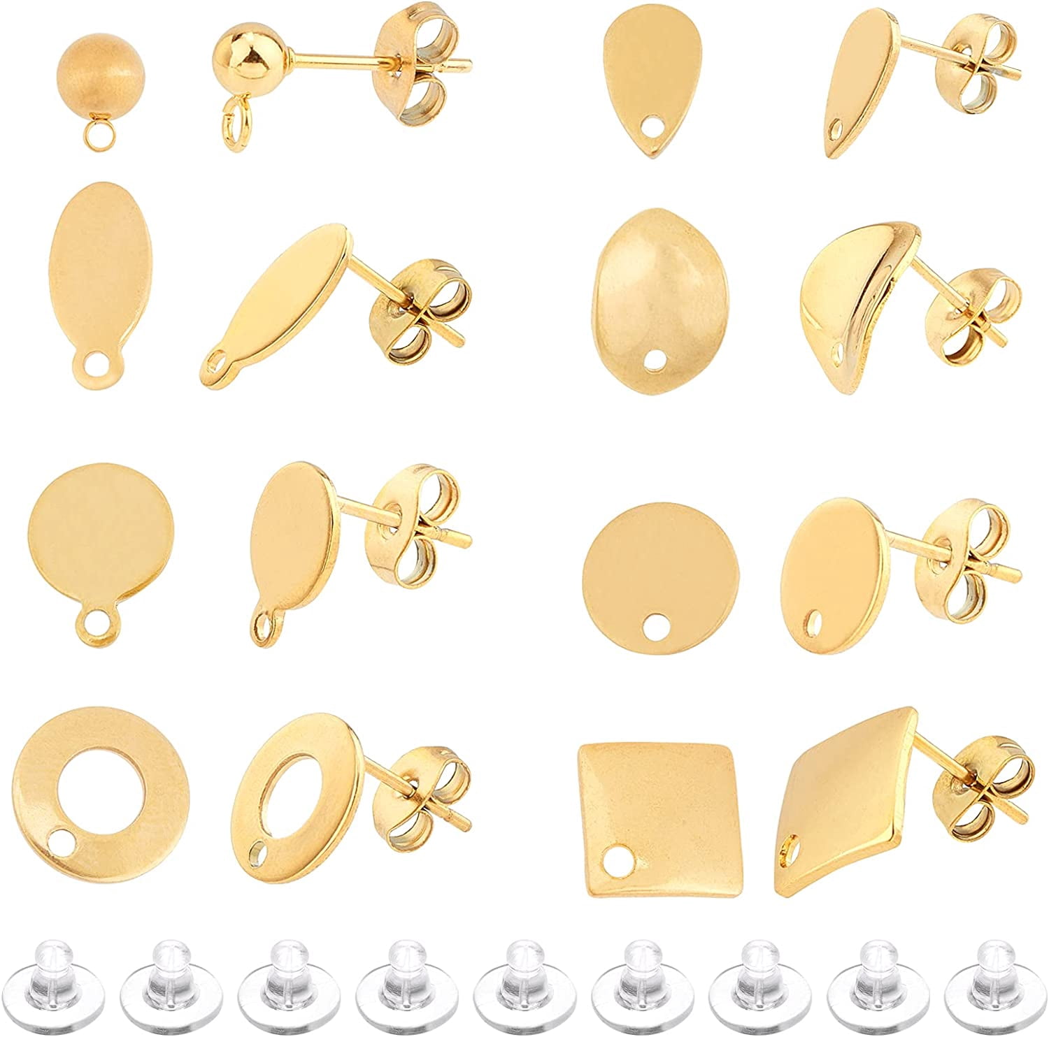 UNICRAFTALE 90pcs Hypoallergenic Stud Earring Posts With Loops & Backs - 9 Shapes, Stainless Steel, 0.7/0.8mm Pin, Gold - View #11