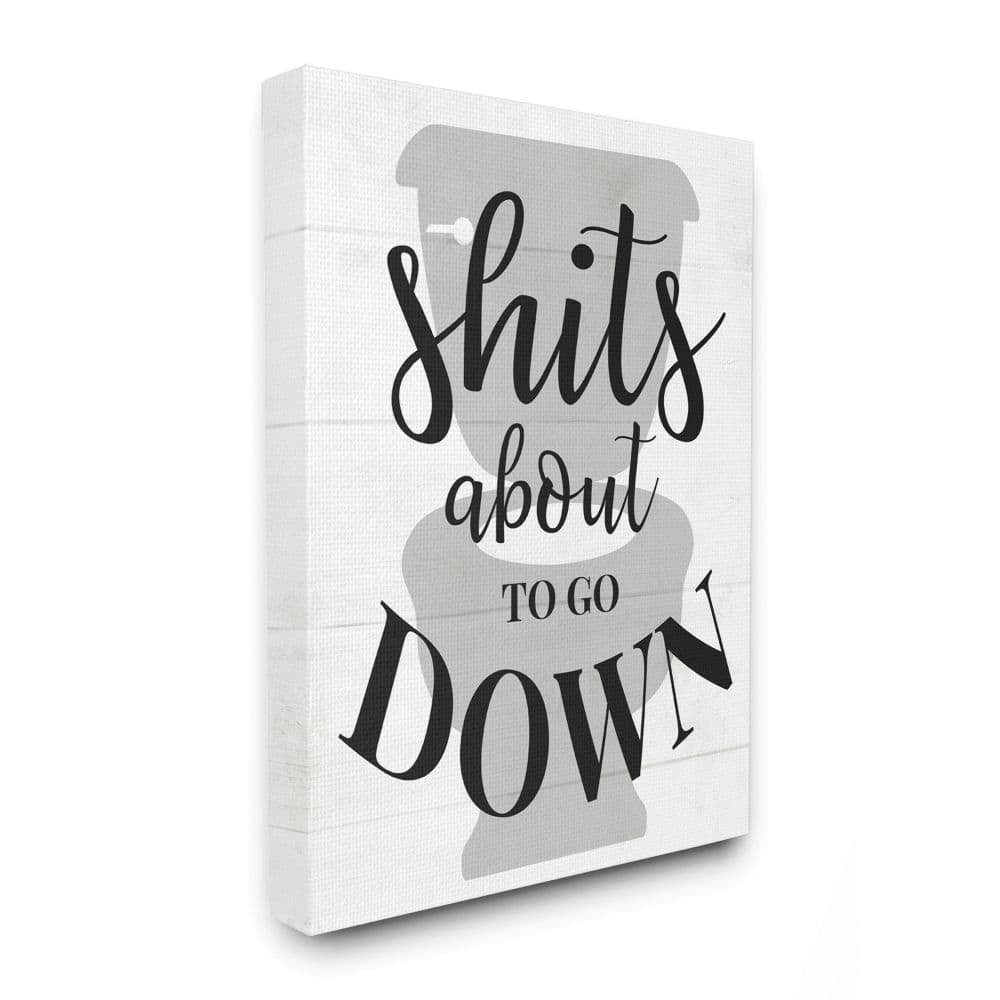 About To Go Down Funny Bathroom Family Home Word Design Stretched Canvas Wall Art by Daphne Polselli