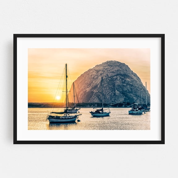 About To Set, Morro Rock - Morro Bay California Photography Sunset Boat Harbor Ocean Coast Scenic Nature Black Framed Wall Art Print 5 x 7 inches