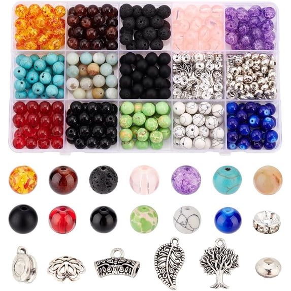 About467 Pcs Bead Jewelry Making Set Including Natural Beads Beads Resin Amber Glass Round Rhinestone Spacer Beads Leaf Pendant Accessories for Making Bracelets Craft Jewelry Multi-color