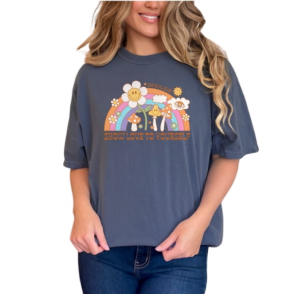 Above All Else, Show Love to Yourself, Retro Rainbow Art, Denim Comfort Colors T-Shirt, Small
