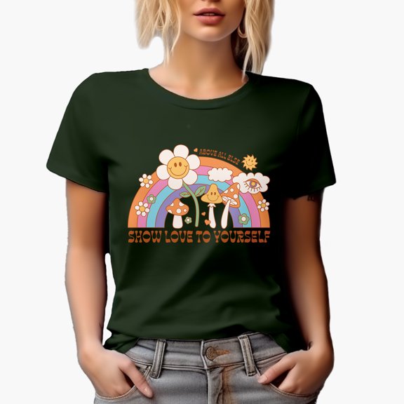 Above All Else, Show Love to Yourself, Retro Rainbow Art Merch Gift, Military Green T-Shirt, XL