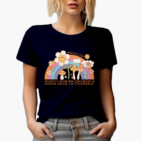 Above All Else, Show Love to Yourself, Retro Rainbow Art Merch Gift, Navy Blue T-Shirt, Large