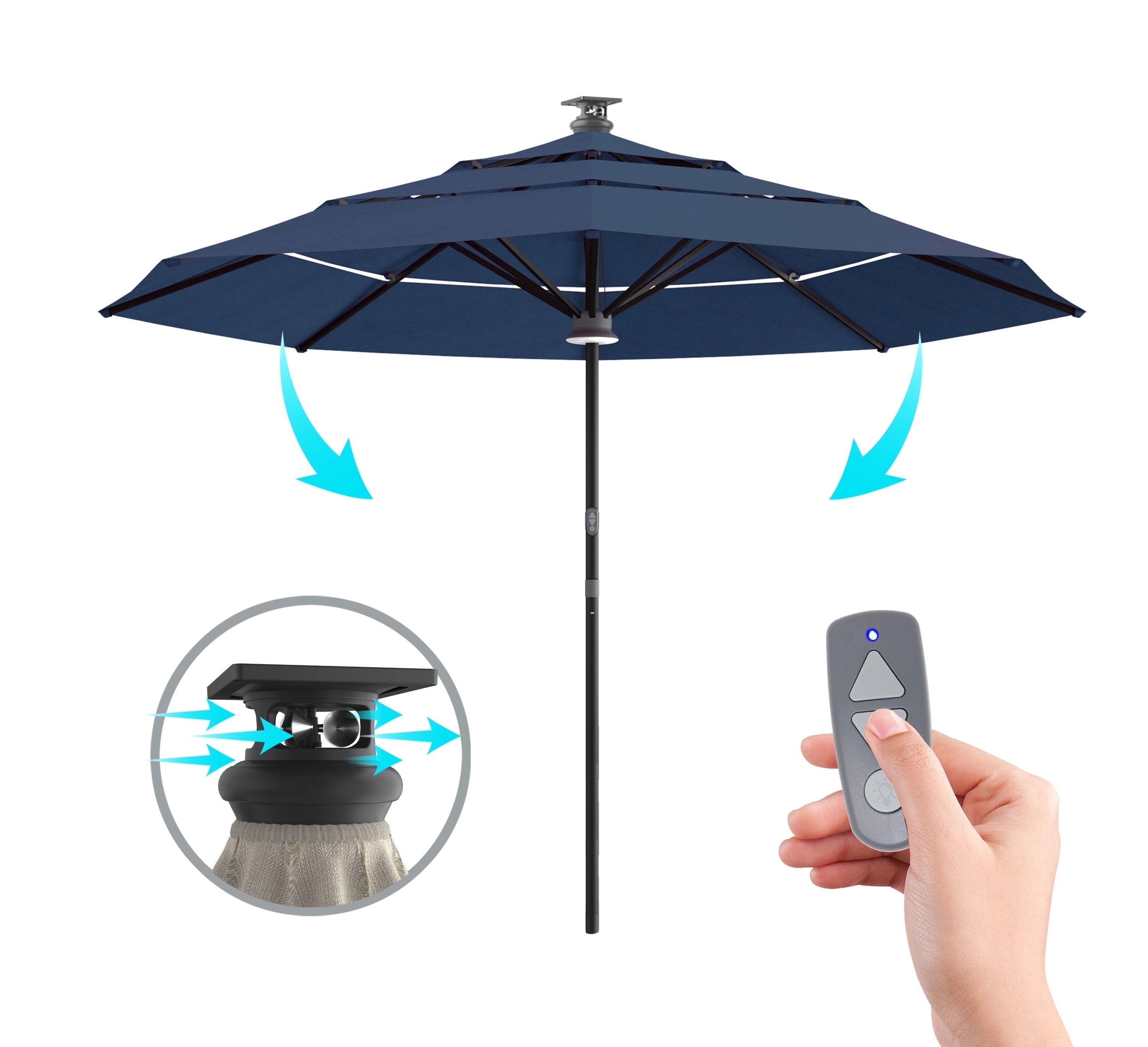 ABOVE Height 2 Series 11 Foot Blue Octagon Market Outdoor Patio Umbrellas, Remote, Wind Sensor, Solar, LED Light