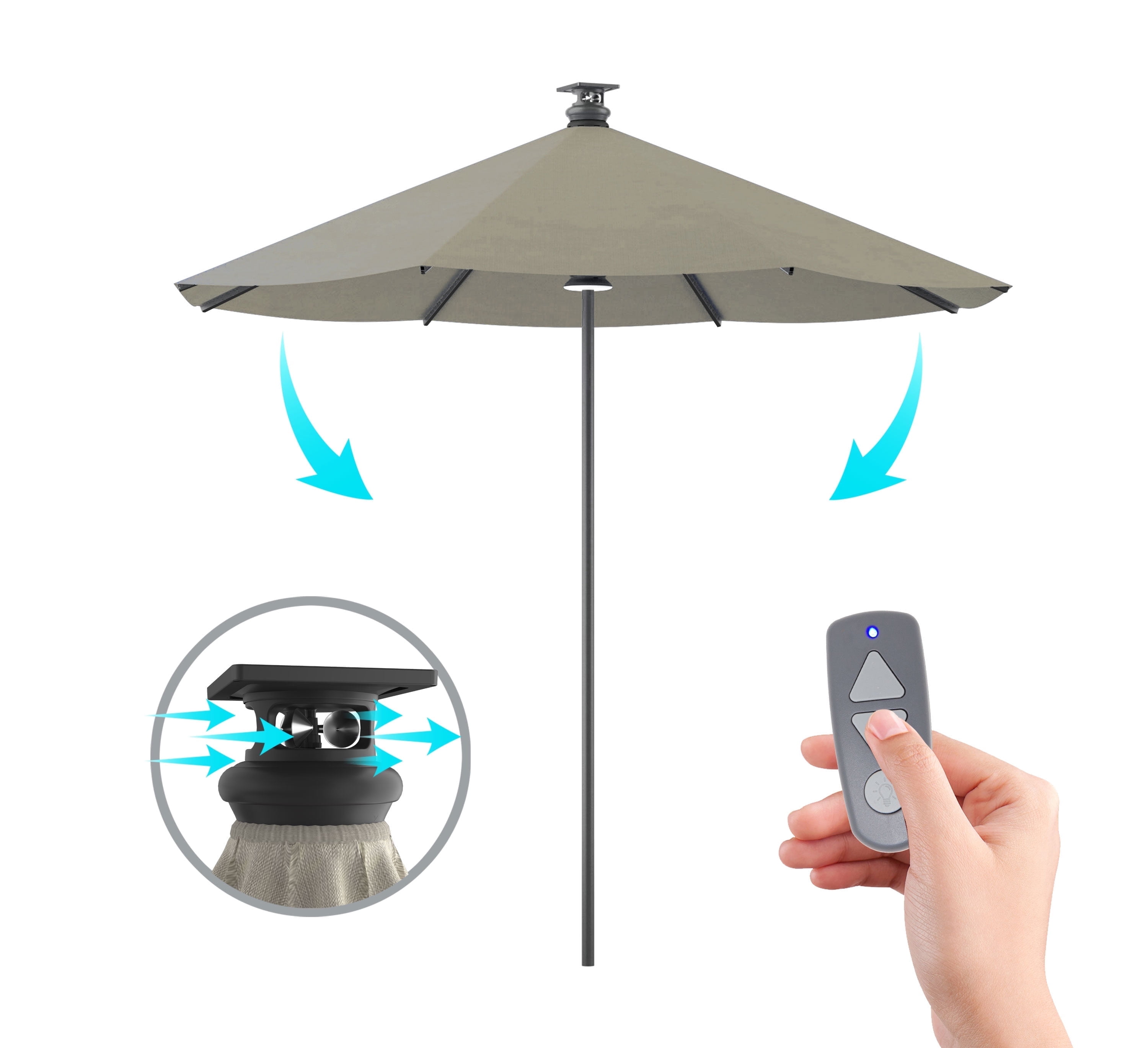 The Above Patio Umbrella 106 in Gray Solid Print Octagon Market Patio Umbrellas, Smart, Remote, Wind Sensor, Solar Panel, LED Lighting, Fade Resistant