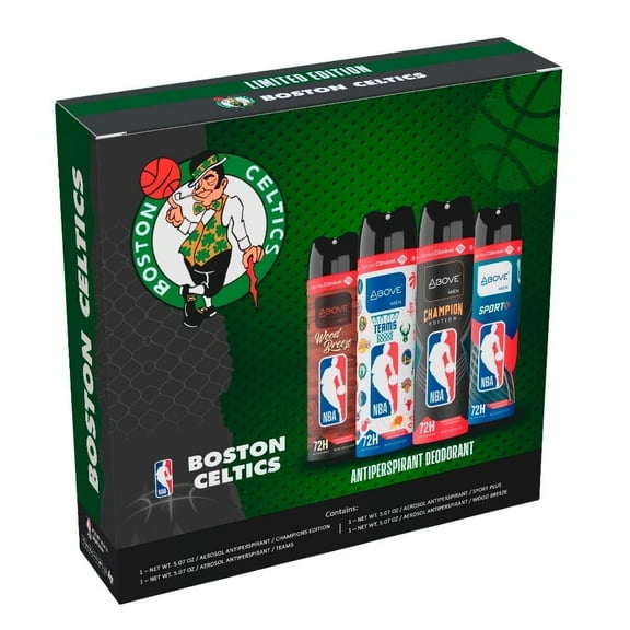 Above NBA Boston Celtics Deodorant Gift Set - A Giftable Set for Celtics Fans, Antiperspirant Spray, 4 Signature Scents, 72h Protection, Dry Spray, No Stains, 5.07 oz, Pack of 4