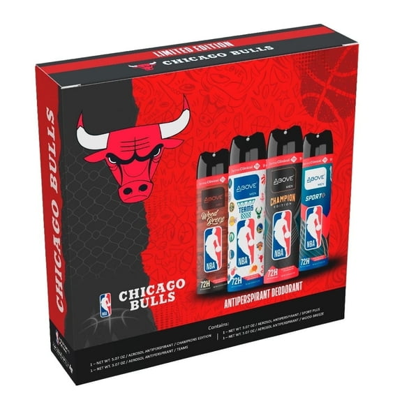 Above NBA Chicago Bulls Deodorant Gift Set - A Giftable Set for Bulls Fans, Antiperspirant Spray, 4 Signature Scents, 72h Protection, Dry Spray, No Stains, 5.07 oz, Pack of 4