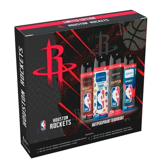 Above NBA Houston Rockets Deodorant Gift Set - A Giftable Set for Rockets Fans, Antiperspirant Spray, 4 Signature Scents, 72h Protection, Dry Spray, No Stains, 5.07 oz, Pack of 4
