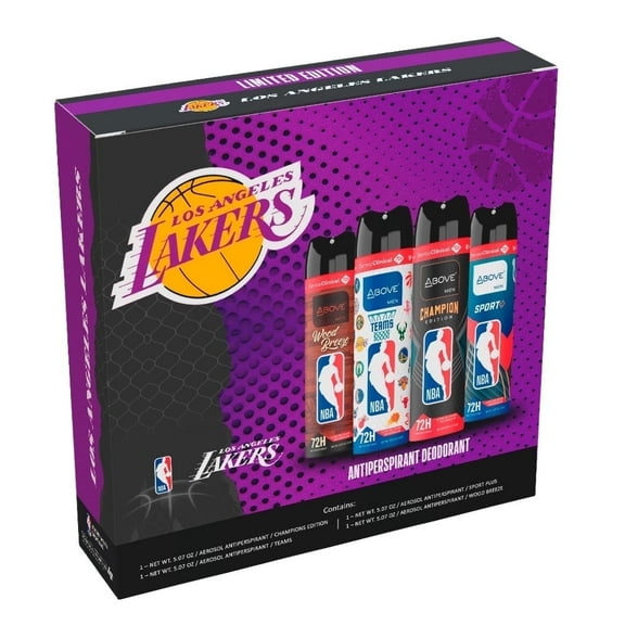 Above NBA Los Angeles Lakers Deodorant Gift Set - A Giftable Set for Lakers Fans, Antiperspirant Spray, 4 Signature Scents, 72h Protection, Dry Spray, No Stains, 5.07 oz, Pack of 4