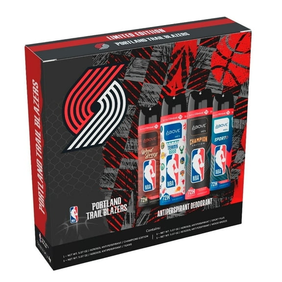 Above NBA Portland Trail Blazers Deodorant Gift Set - A Giftable Set for Trail Blazers Fans, Antiperspirant Spray, 4 Signature Scents, 72h Protection, Dry Spray, No Stains, 5.07 oz, Pack of 4