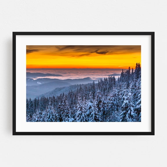 Above Ocean Of Clouds - Bulgaria Photography Winter Sunset Snow Forest Nature Landscape Scenic Black Framed Wall Art Print 12 x 18 inches