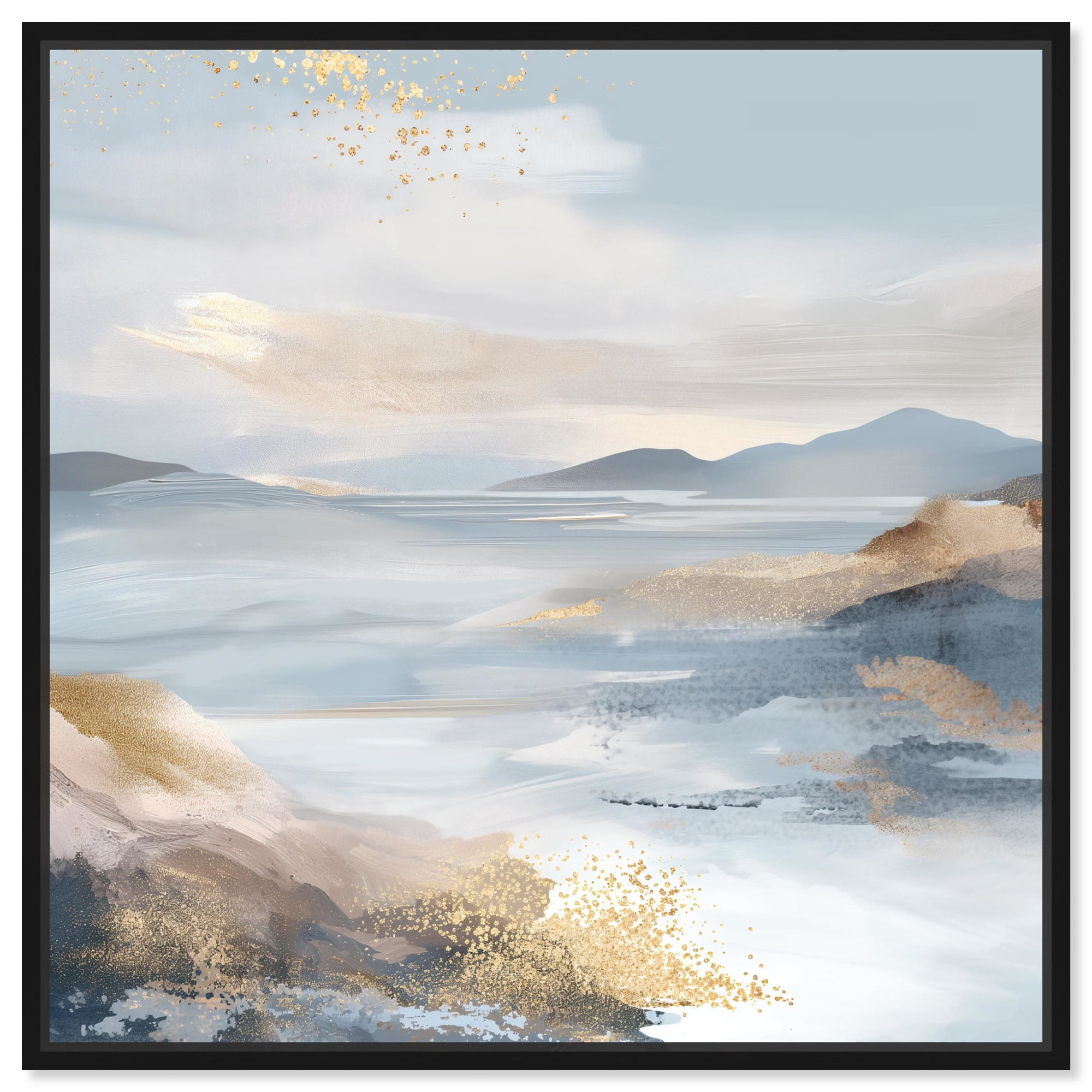 Large Blue and Gold Abstract Canvas Art with Black Frame