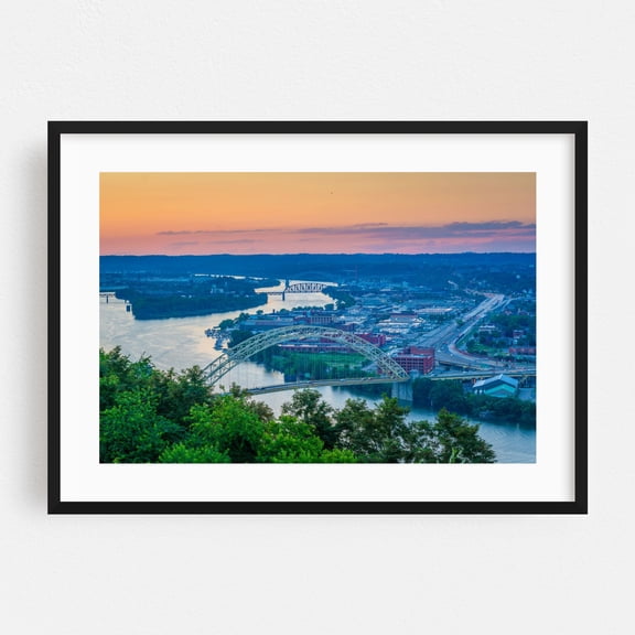 Above The Ohio - Pittsburgh Pennsylvania Photography Bridge City Skyline Landscape Sunset Scenic Black Framed Wall Art Print 5 x 7 inches