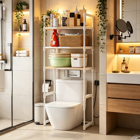 Above Toilet Storage Rack Multi Layer, Bathroom Organizer Shelf for Toiletries Towels, Sturdy Plastic Space Saving Stand