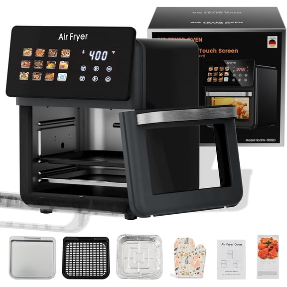 AboveMoon 10L Large Air Fryer Oven With Grill Combo For Kitchen Countertop Use,12 in 1 Smart Convection Ovens,AirFryer With Glass View Window,Nonstick Basket,Fryer Liners,Removable Door-Black