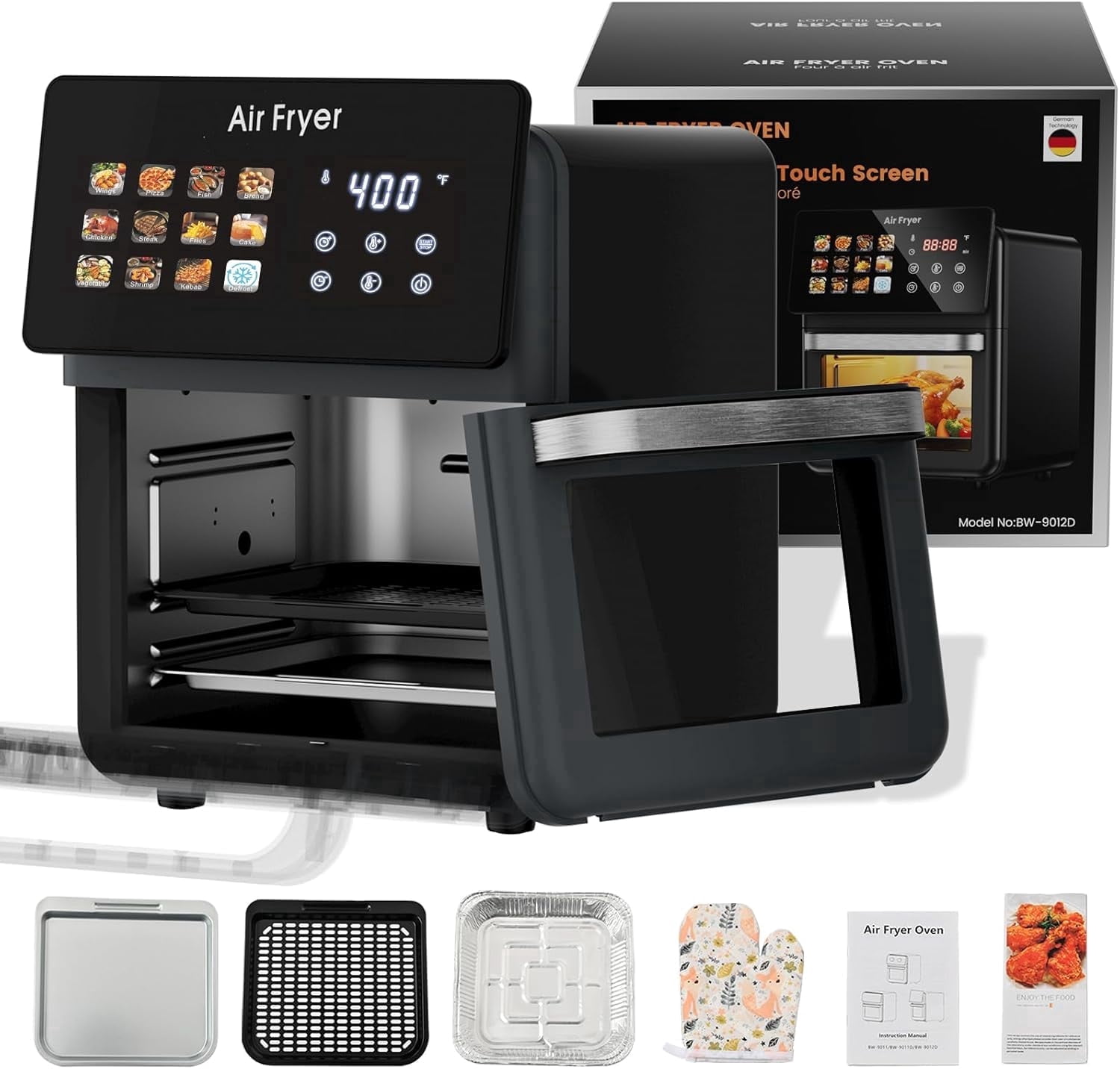 AboveMoon 10L Large Air Fryer Oven With Grill Combo For Kitchen Countertop Use,12 in 1 Smart Convection Ovens,AirFryer With Glass View Window,Nonstick Basket,Fryer Liners,Removable Door-Black