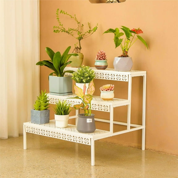 Aboxoo 27.6" x 24.6" x 24.6" 3-Tier White Steel Plant Display Rack with Spacious Storage Space