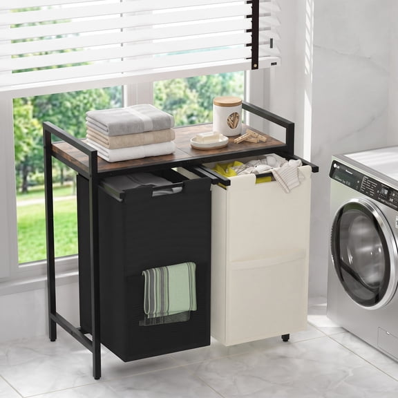 Aboxoo Adult Collapsible 2-Bins Laundry Baskets with Removable Washable Bags, Black & White