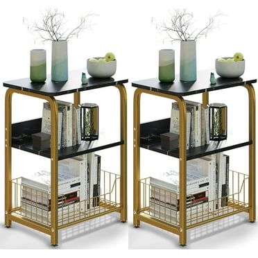 Aboxoo Indoor Storage Steel MDF Board End Table, Black Marble ( Set of 2)