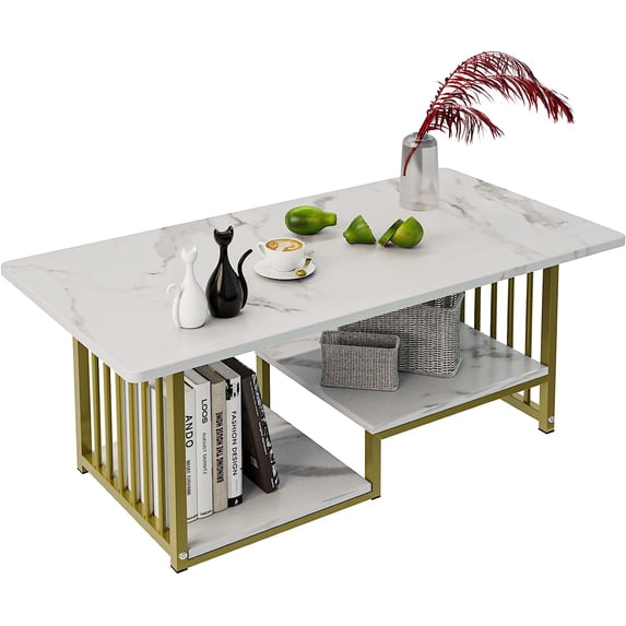 Aboxoo Modern 2-Tier Rectangular Wood Coffee Table with Metal Frame, White Marble