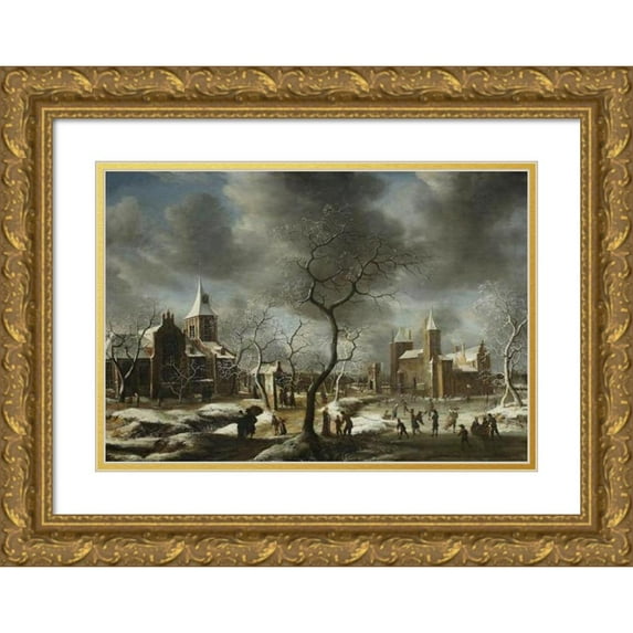Abraham Beerstraaten 24x18 Gold Ornate Framed and Double Matted Museum Art Print Titled - Landscape with Ice-Skaters