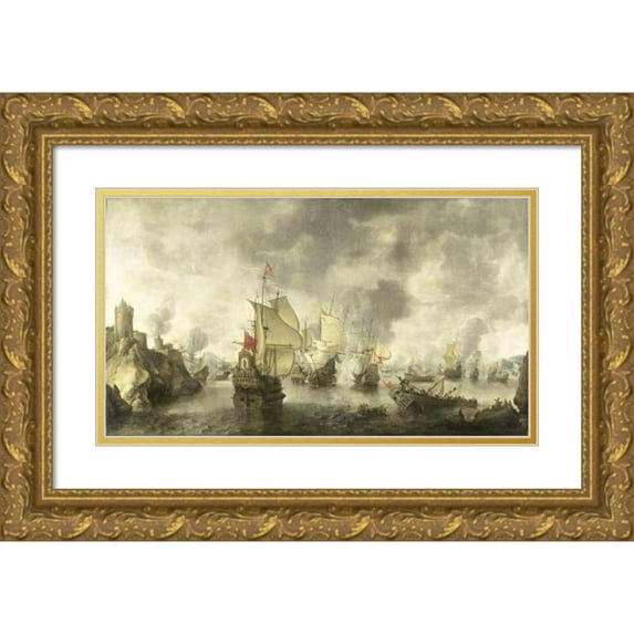 Abraham Beerstraten 18x12 Gold Ornate Wood Frame and Double Matted Museum Art Print Titled - Battle of the Combined Venetian and Dutch Fleets Against the Turks in the Bay of Foya, 1649 (1656