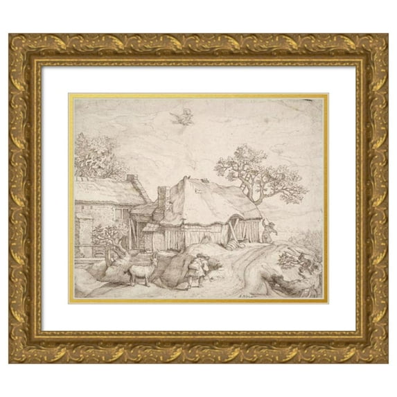 After Abraham Bloemaert 24x20 Gold Ornate Framed and Double Matted Museum Art Print Titled - Farm Buildings with Peasants, a Goat, and the Abduction Of Ganymede (17th Century)