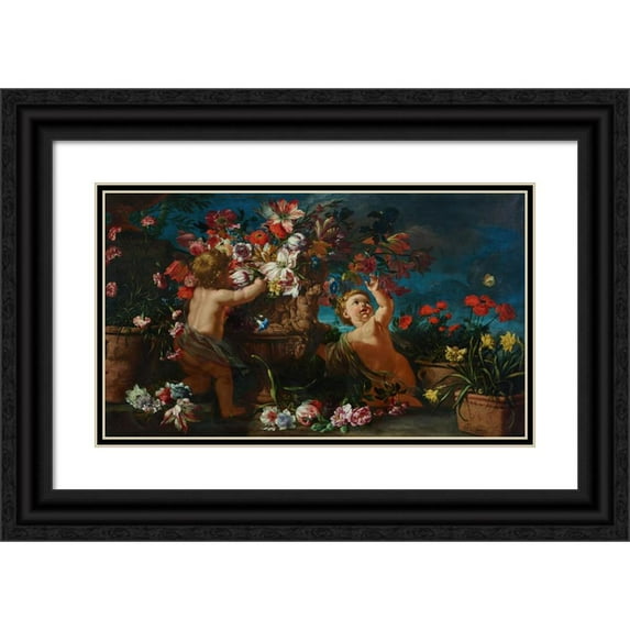 Abraham Brueghel 14x10 Black Ornate Wood Framed Double Matted Museum Art Print Titled: Vases of Flowers with Putti in a Landscape