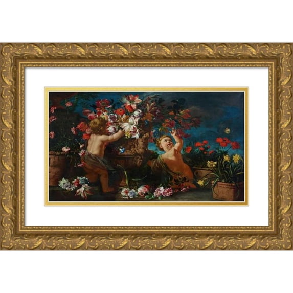 Abraham Brueghel 18x12 Gold Ornate Wood Frame and Double Matted Museum Art Print Titled - Vases of Flowers with Putti in a Landscape