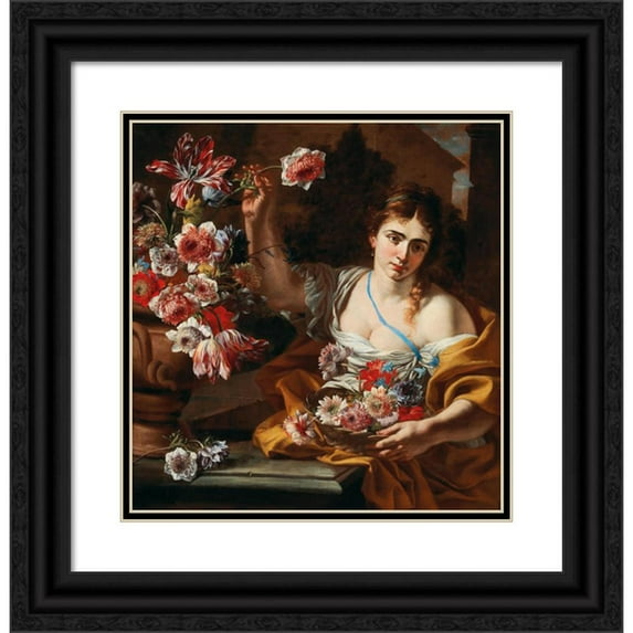 Abraham Brueghel 20x21 Black Ornate Framed Double Matted Museum Art Print Titled: A Young Woman Taking a Flower from a Vase
