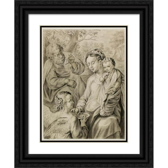 Abraham Delfos 11x14 Black Ornate Wood Framed Double Matted Museum Art Print Titled: Virgin Feeding Porridge to the Christ Child, with Saint Joseph and Kneeling Angel