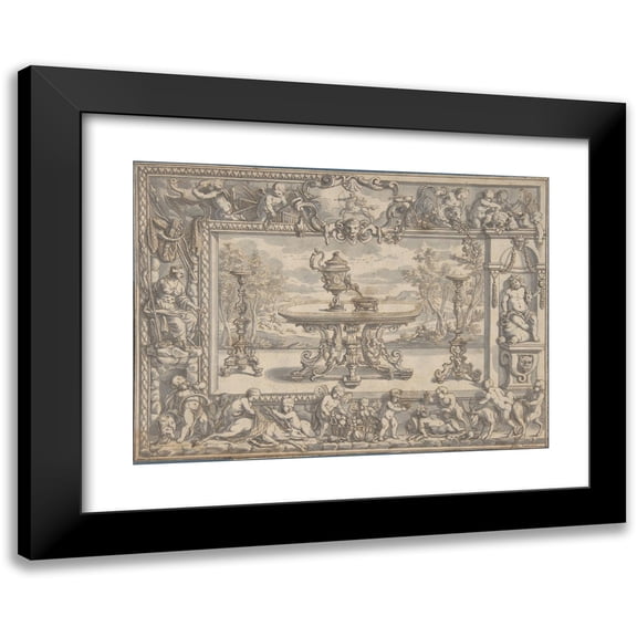 Abraham Drentwett the Elder 14x11 Black Modern Framed Museum Art Print Titled - Design for an Ewer, Table and Candelabra Within an Ornamental Frame (1660-1727)