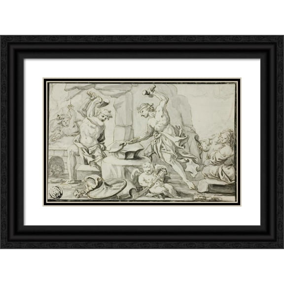 Abraham Drentwett the Elder 24x17 Black Ornate Framed Double Matted Museum Art Print Titled: Vulcan Making Arms for Achilles, While Venus and Cupid Look On