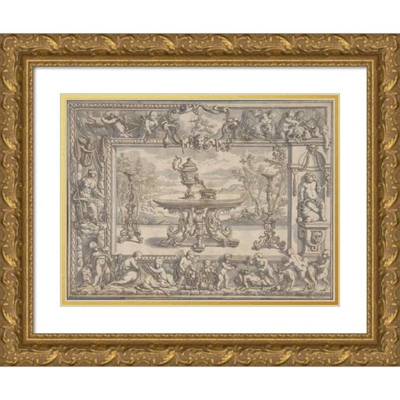 Abraham Drentwett the Elder 24x19 Gold Ornate Framed and Double Matted Museum Art Print Titled - Design for an Ewer, Table and Candelabra Within an Ornamental Frame (1660-1727)