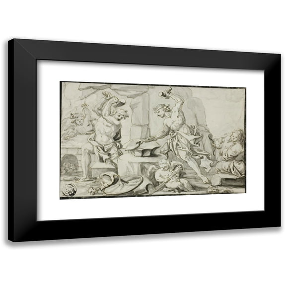 Abraham Drentwett the Elder 14x11 Black Modern Framed Museum Art Print Titled - Vulcan Making Arms for Achilles, While Venus and Cupid Look On