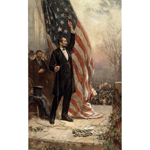 Abraham Lincoln (1809-1856) In Commemorative Print Published On The 100Th Anniversary Of His Birth In 1908. Scene Alludes To The Speakers' Platform At Gettysburg And General Grant Stands In The