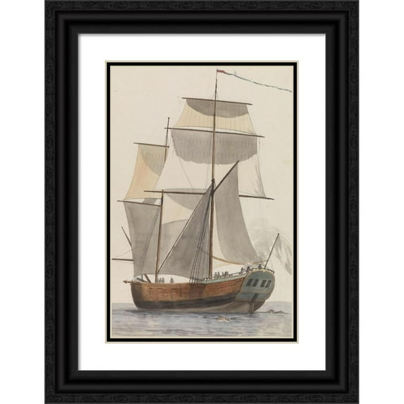 Abraham-Louis-Rodolphe Ducros 11x14 Black Ornate Wood Framed Double Matted Museum Art Print Titled: Frans Brigantine Ship L’Heureuse Marianne on Which the Travel Group from Valette to A