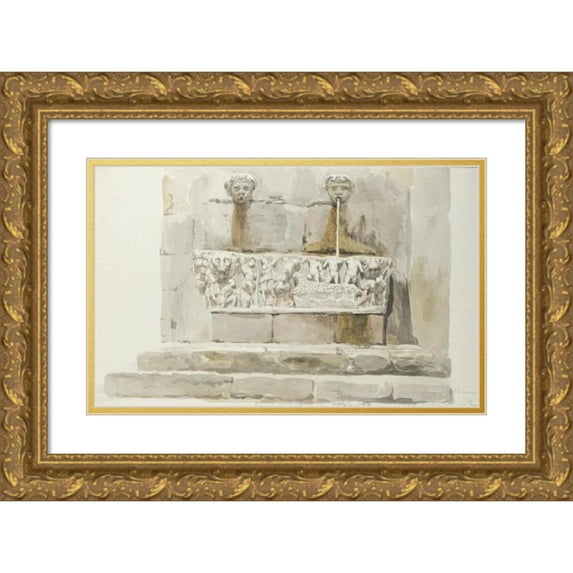 Abraham-Louis-Rodolphe Ducros 14x11 Gold Ornate Wood Frame and Double Matted Museum Art Print Titled - Old Sarcophagus as a Fountain in Messina (1778)