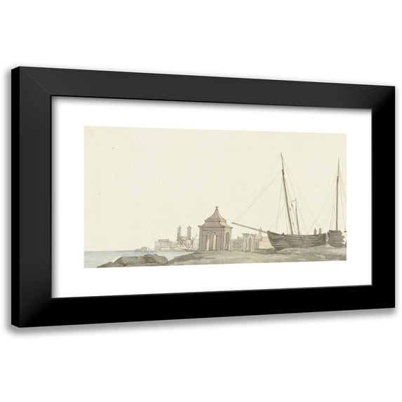 Abraham-Louis-Rodolphe Ducros 18x12 Black Modern Framed Museum Art Print Titled - View of the City of Molfetta on the Coast (1778)