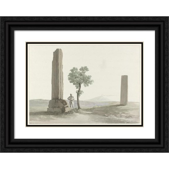 Abraham-Louis-Rodolphe Ducros 18x14 Black Ornate Wood Framed Double Matted Museum Art Print Titled - Two Fragments of Columns of the Temple of Zeus Olympus Remotely of Half Miles from R