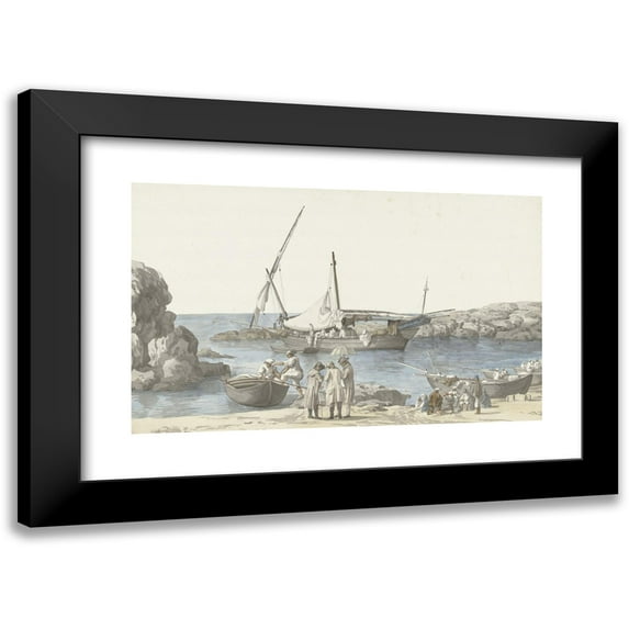 Abraham-Louis-Rodolphe Ducros 24x16 Black Modern Framed Museum Art Print Titled - View of Tarente and Haven of Luogo Vivo (1778)