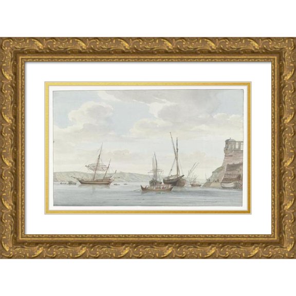 Abraham-Louis-Rodolphe Ducros 24x17 Gold Ornate Framed and Double Matted Museum Art Print Titled - Garden House of the Jardin Du Grand Maitre Uitroring Above the Harbor with Galei Ships in M