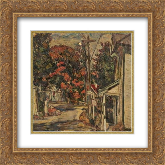 Abraham Manievich 2x Matted 22x20 Gold Ornate Framed Art Print 'Town Scene with Bus Stop'